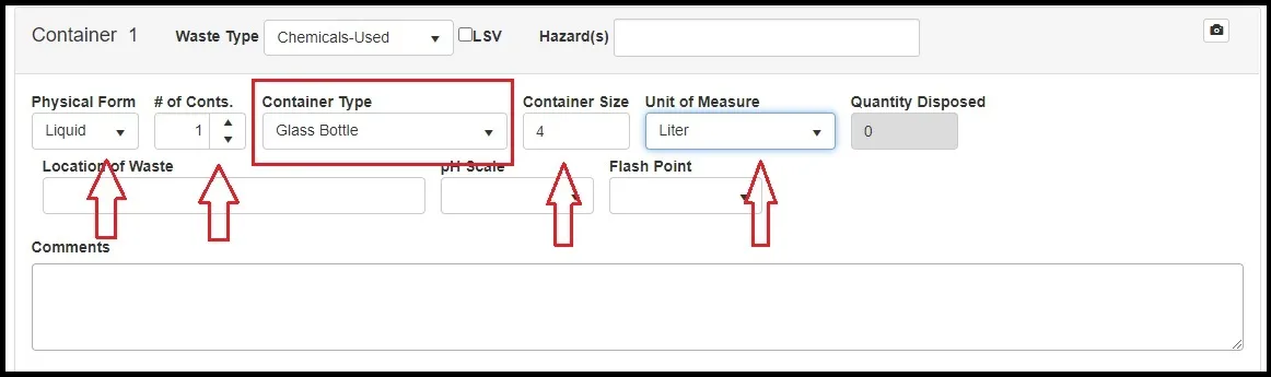 Container 1 page, highlighting information that is necessary to fill out.