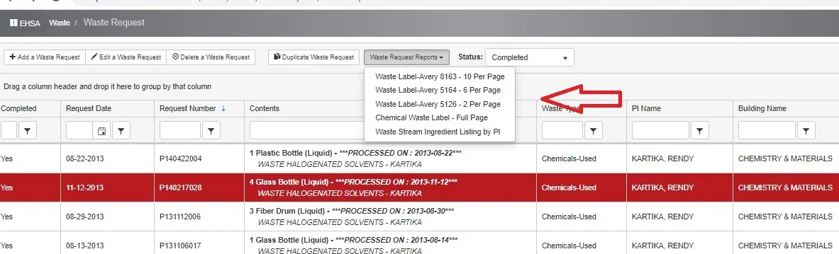 On the Waste Request page, the "View Request Reports" button is selected with an arrow pointed to a drop-down list.