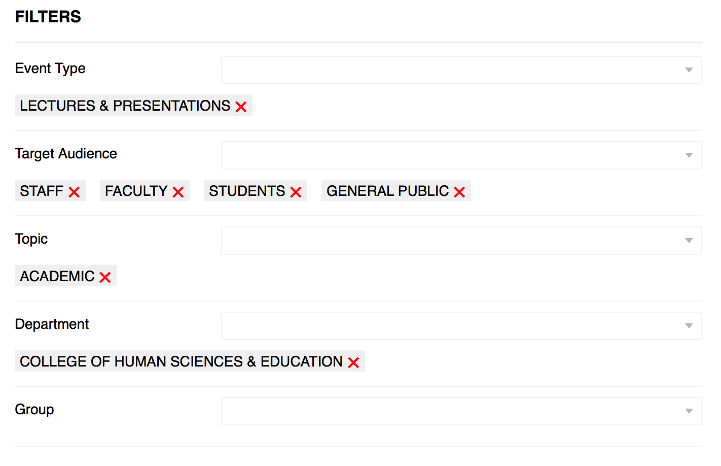 screencap of event filtering options